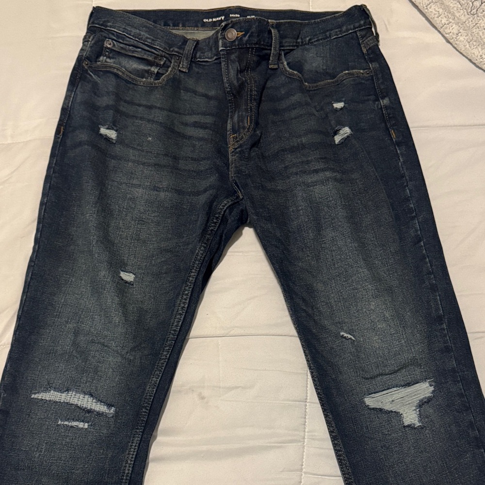 Old Navy Men's Dark Blue Distressed Slim Jeans